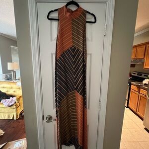 FARM Rio x Anthropologie Geometric Maxi Dress in Orange and Navy